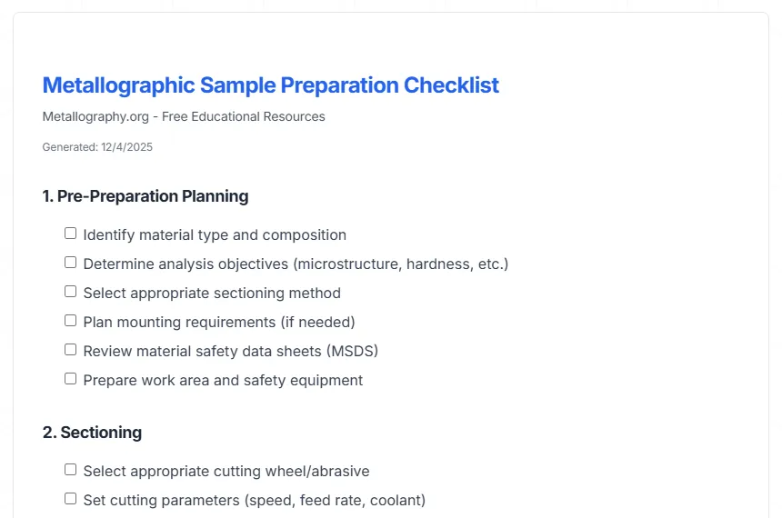 Metallographic sample preparation checklist